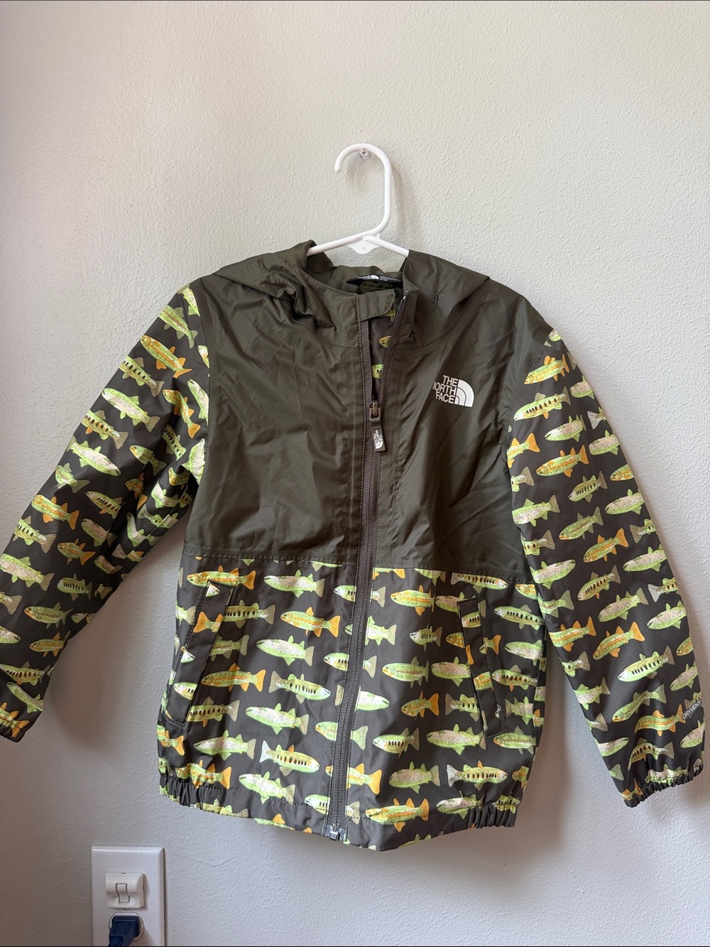 The North Face Olive Green Kids' Hooded Fish-Print Windbreaker